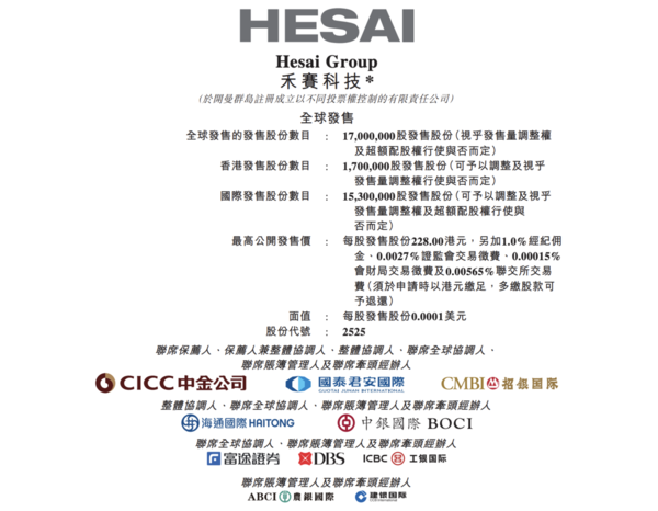 禾賽科技擬全球發售約1,700萬股B類普通股,其中10%在香港公開發售。(招股書截圖)