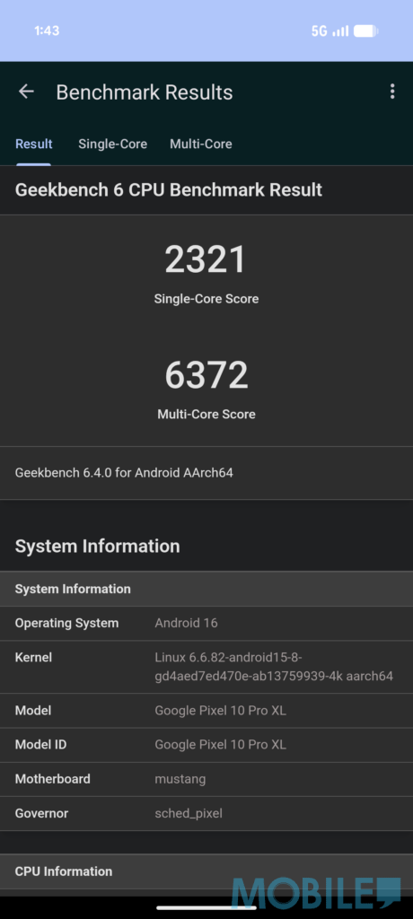 Pixel 10 Pro XL 搭載 Google 與台積電合作的 3 納米製程 Tensor G5 處理器,官方稱效能比上代提升 34%。但安兔兔測試得分僅為 1,276,887 分,雖然比上代 Pixel 9 Pro Fold 的 834,061 分有明顯進步,但仍落後於搭載 Snapdragon 8 Elite 的競品。