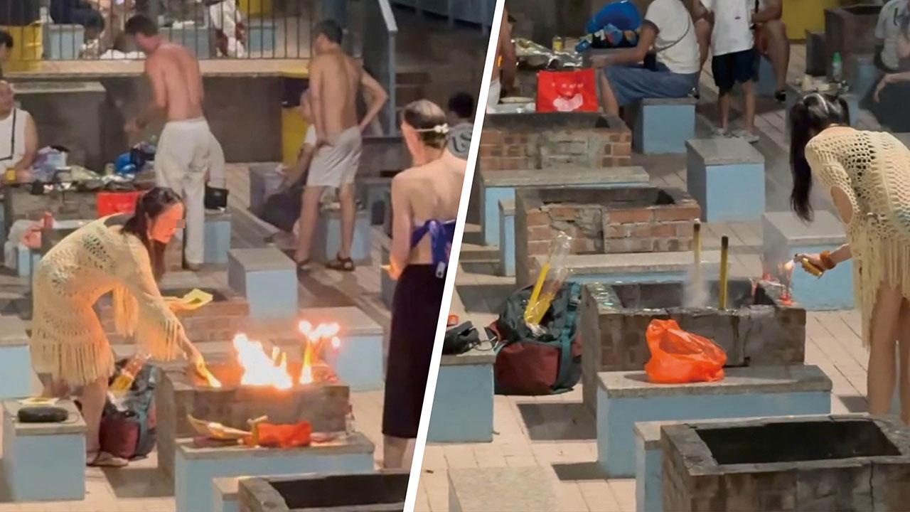 深水灣燒烤場有一對男女用燒烤爐「燒街衣」。(Threads影片截圖)