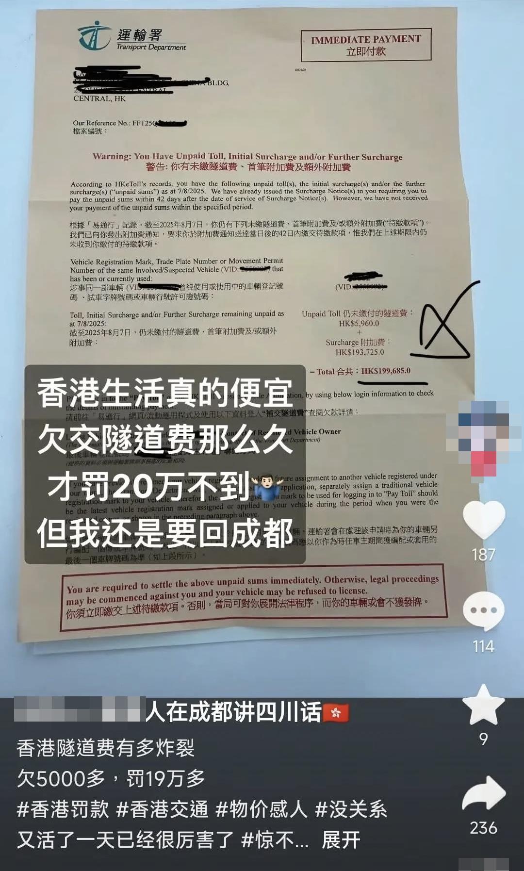 有男網民於社交平台抖音表示,在香港因欠交隧道費近6,000元,因被罰款逾19萬元,整張罰單索款近20萬元。但他沒有「埋單」,而是選擇「走數」回內地成都
