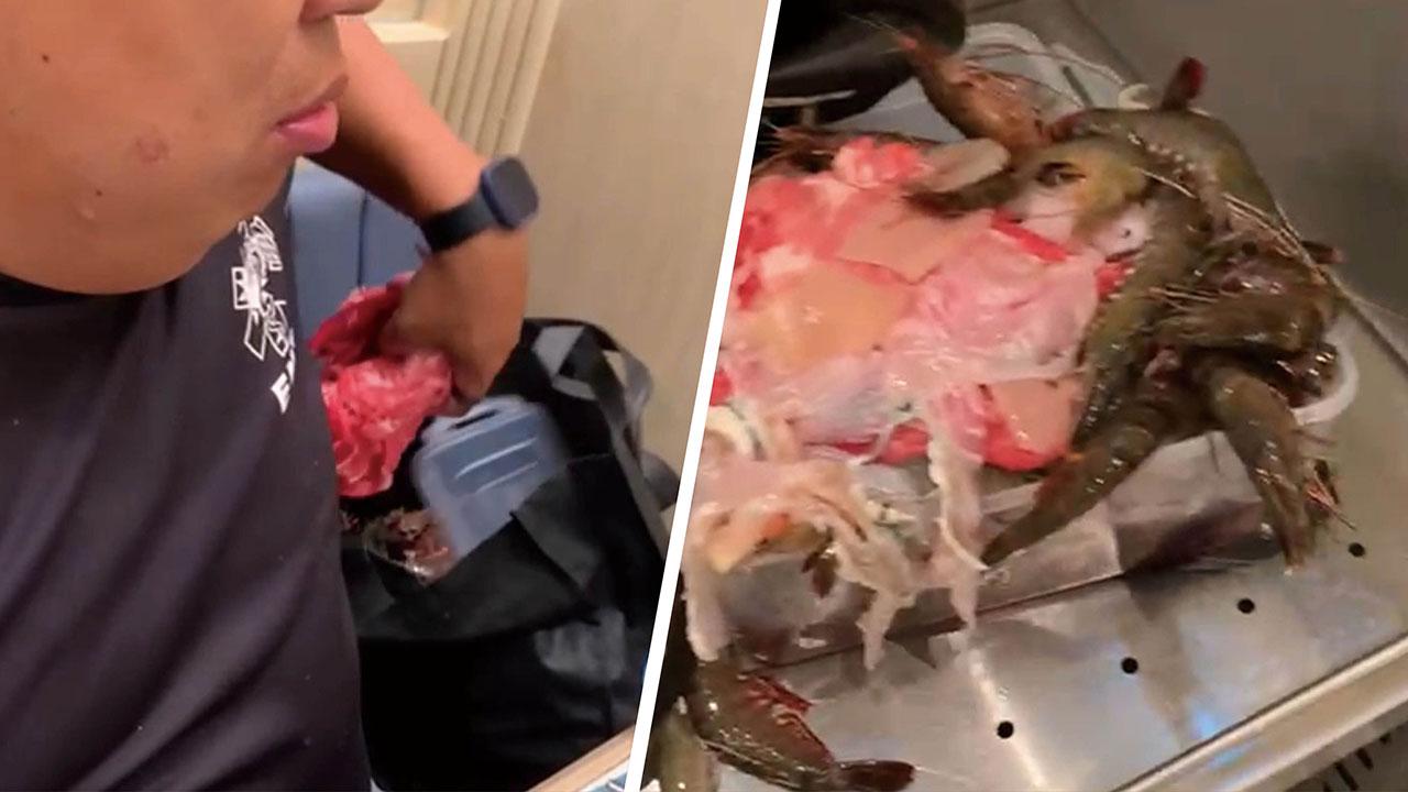 有食客在任食火鍋店疑帶走食材,經職員勸喻後全數交出。(網上片段截圖)