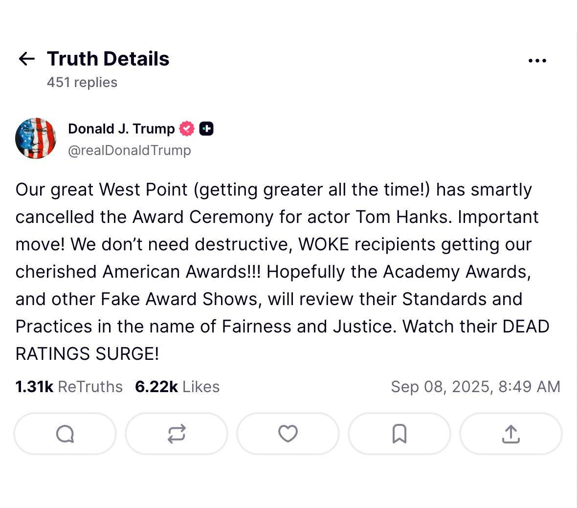 特朗普在自家社交平台「Truth Social」發文。(互聯網)