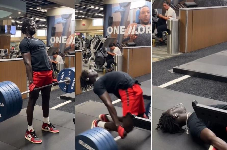 左至右:網紅玩命挑戰硬舉(Deadlift)500磅槓鈴,但明顯不夠氣力,勉強拉起槓鈴後全身顫抖,更整個人向後拗,倒地抽搐。(互聯網)