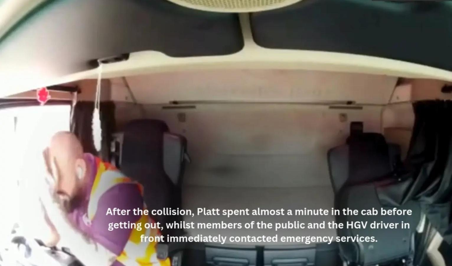 車cam拍到,貨車司機普拉特撞車後苦惱掩面。(互聯網)