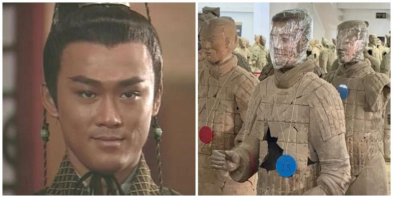 該陶俑掛著「T23G10 15」藍色標牌,頭部雖然包裹著一層類似保鮮膜的東西,但臉部依舊保持著鮮艷色澤,一眼看去的確和林峯神似。(網上圖片)