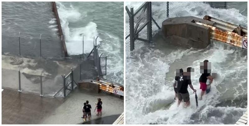 警拘捕一名46歲父親,及一名33歲印尼籍女傭,涉嫌於樺加沙襲港期間,帶同兩名分別4歲及6歲男童到堅尼地城海旁觀浪。(影片截圖)