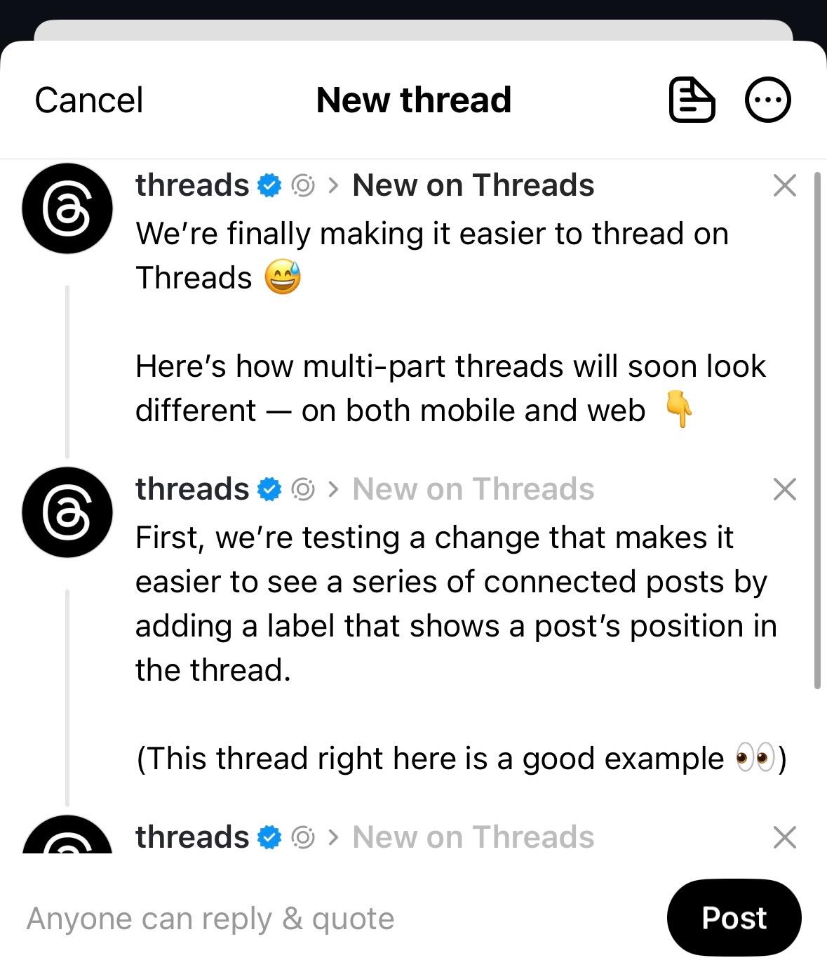 Threads新功能|只需新增即可加入連續貼文。