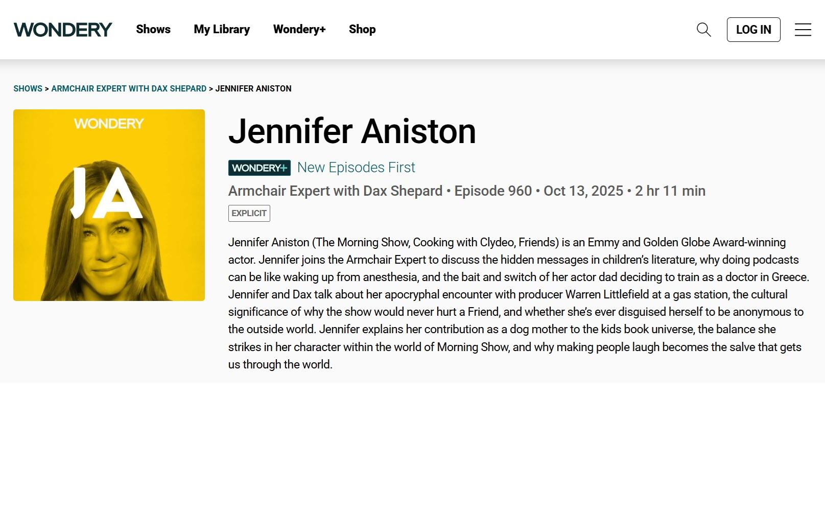 珍妮花接受《Armchair Expert》訪問,於WONDERY搶先收聽。