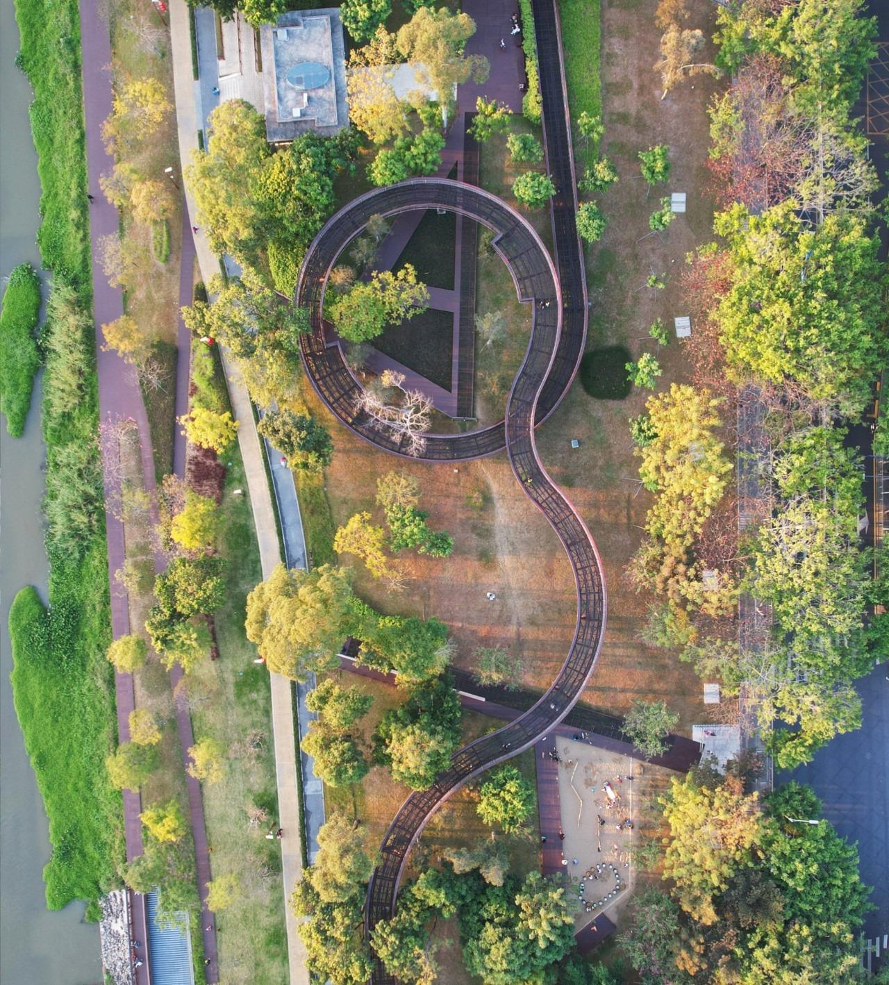 大沙河生態長廊分上中下游三部分,串聯塘朗山與深圳灣濱水漫行系統,獲評為廣東省國土空間生態修復十大範例。從空中看,構圖極為精美。(圖片來源:暴走Rocky@小紅書)