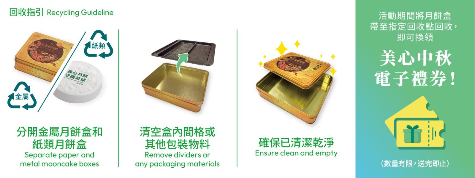 為鼓勵市民回收,美心更會於其中60個指定商場回收點派發合共3萬張美心餐飲電子優惠券