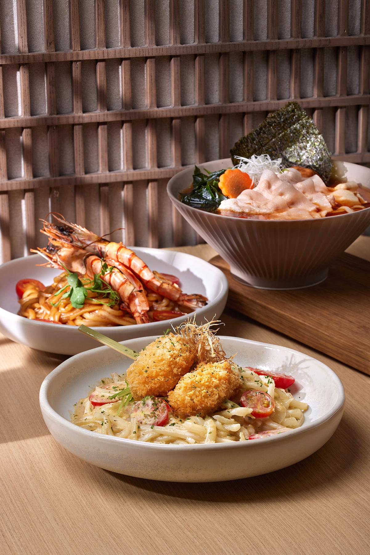 牡蠣奶油・吉列廣島牡蠣烏冬($178)、龍蝦奶油・燒車海老烏冬($168)、北海道夢美豚肉稻庭湯烏冬($128)