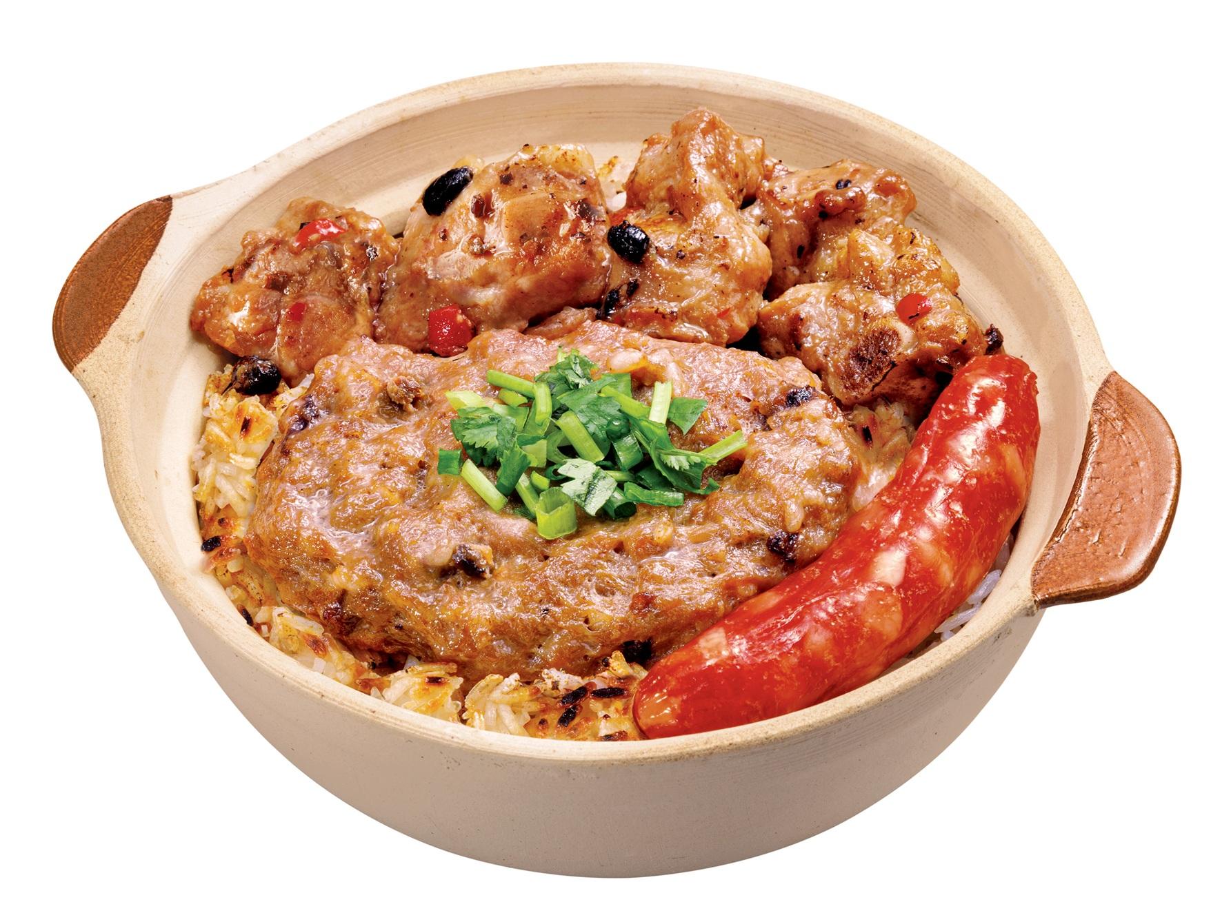 臘腸鱆魚肉餅拼豉汁排骨煲仔飯