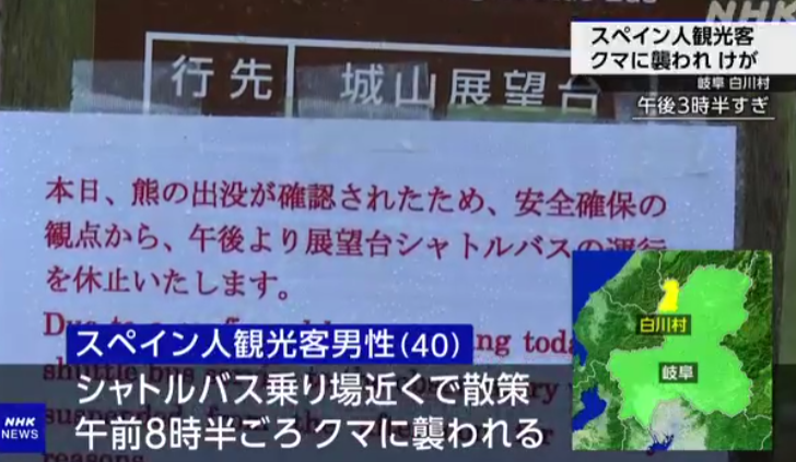 日本白川鄉合掌村驚爆黑熊襲擊遊客 西班牙男受傷送院