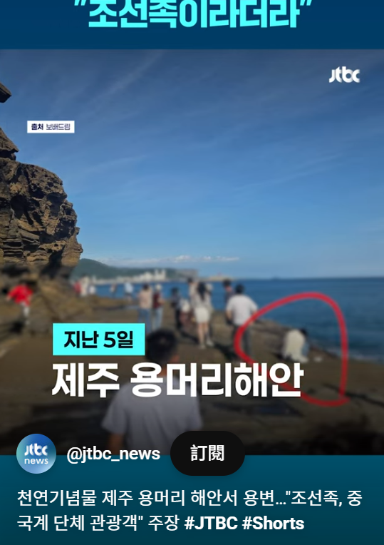 疑似中國遊客濟州島抱孩子岸邊大便 南韓網民炮轟