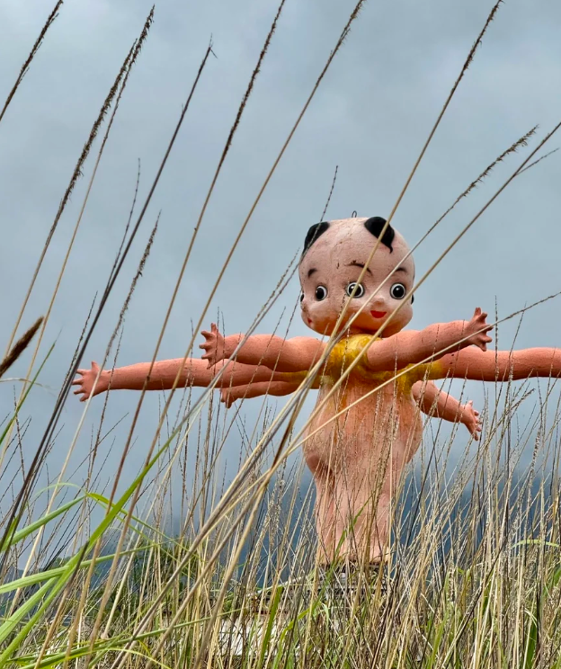 雲南麗江「荒野之國」景區成為話題,有網民指展出的「人形蜈蚣」與「三面女孩」等作品畫風詭異嚇人。(網上圖片)