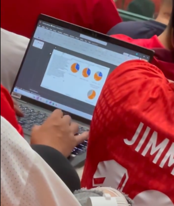 有入場觀眾於社交平台Threads上載一段片段,可見球賽期間有一位紅衫男士在觀眾席中打開手提電腦,屏幕有PowerPoint簡報文件,似是在埋頭工作(Threads)