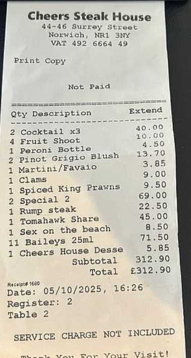 「霸王餐賬單」曝光。(互聯網)