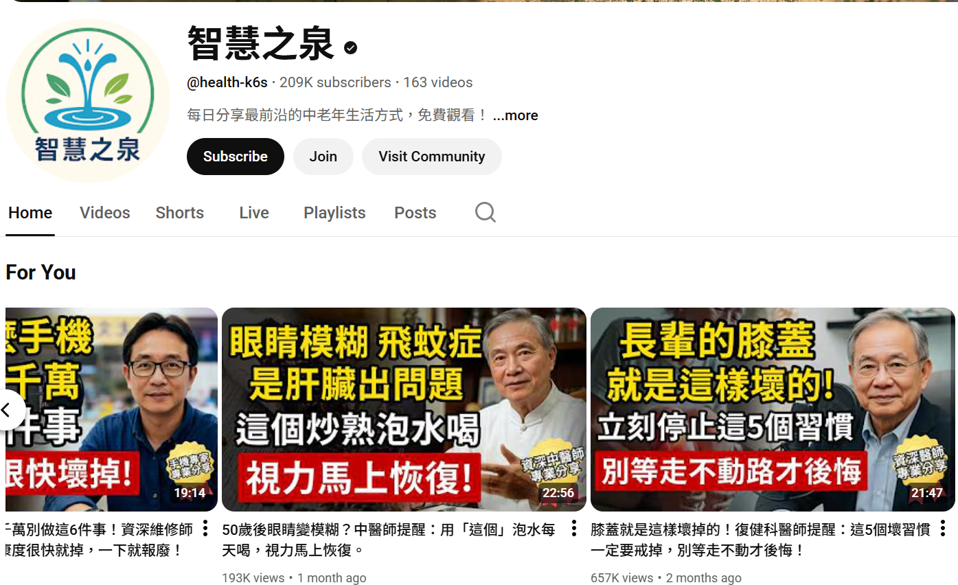 該頻道名為「智慧之泉」,於2016年在台灣創建,目前上架162部影片,訂閱者逾20萬,累積近1,900萬觀看次數。不少網民指出,其影片內容大多為AI合成,且專攻長者族群