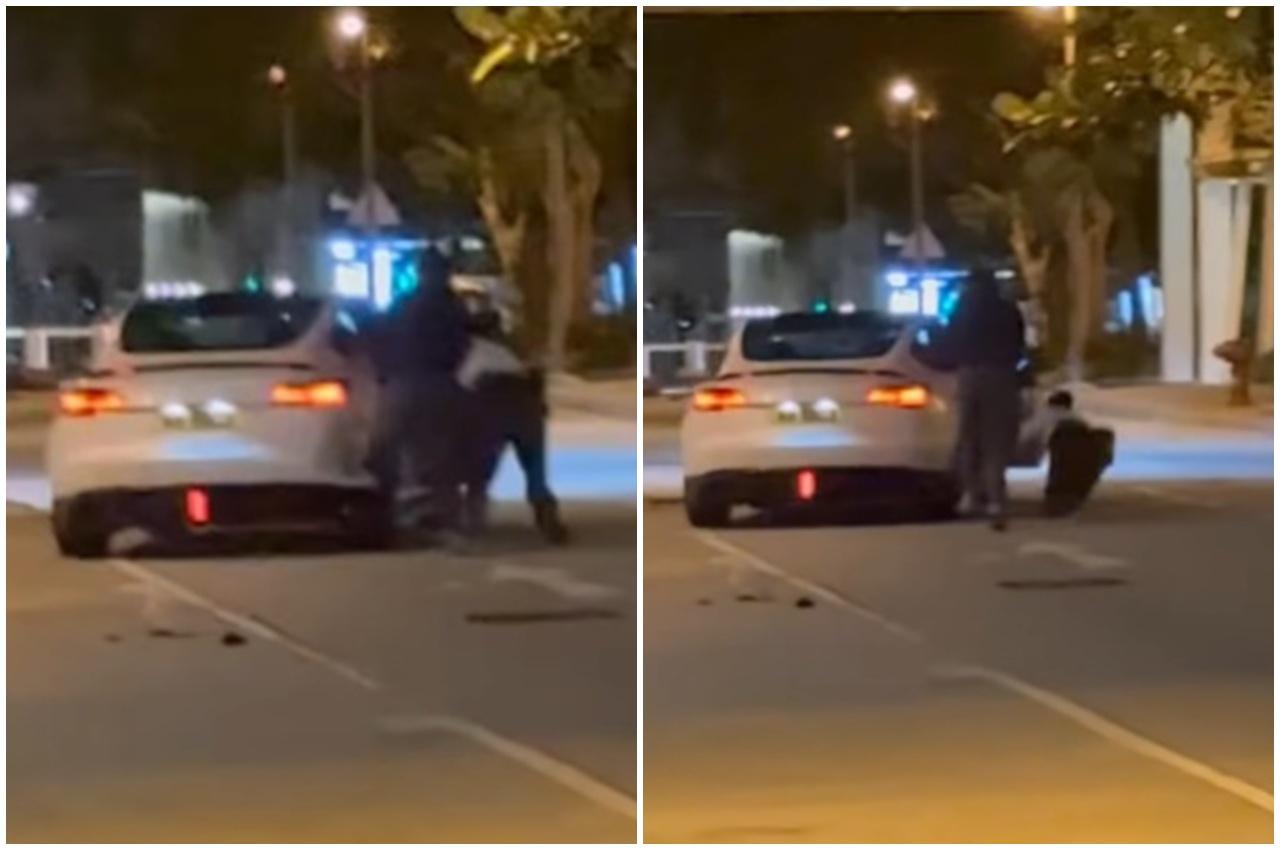 沙田碩門邨截涉毒Tesla,司機踩油撞警撞閘逃逸。(FB/車cam L(香港群組))