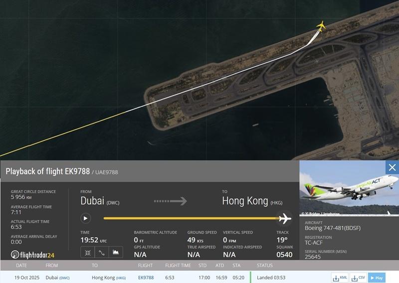 根據航班追蹤網站Flightradar24.com資料,貨機在北跑道降落期間,突然左轉後停下。(Flightradar24.com)