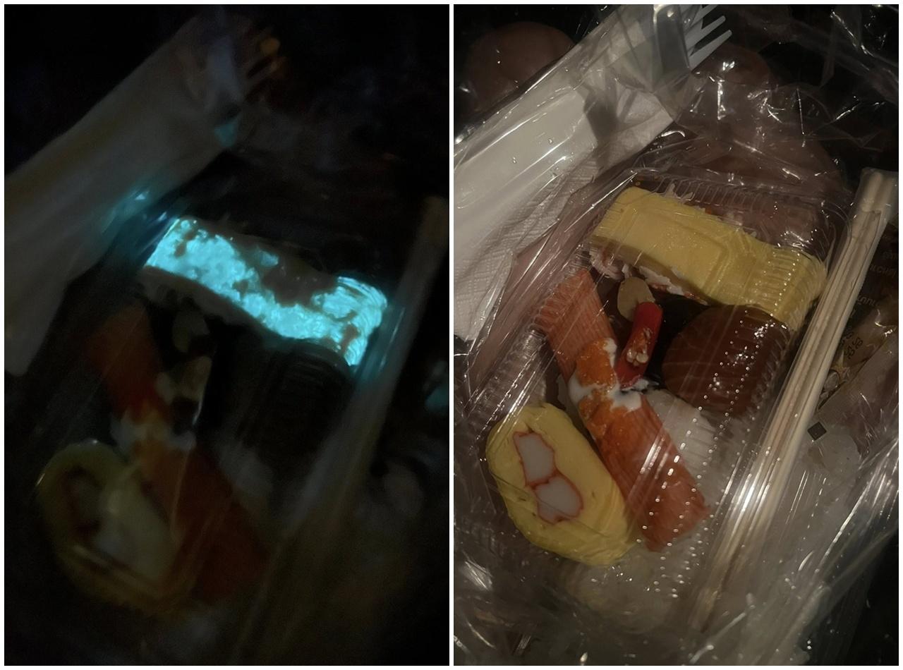 壽司黑夜發出螢光藍,網民發相求助。(FB)
