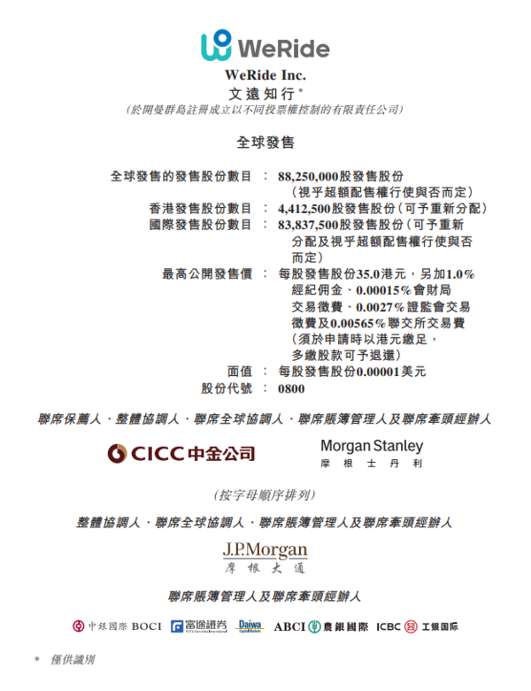 文遠知行計劃發行8,825萬股,5%於香港公開發售,每手100股,一手入場費3535.3元。(招股書截圖)