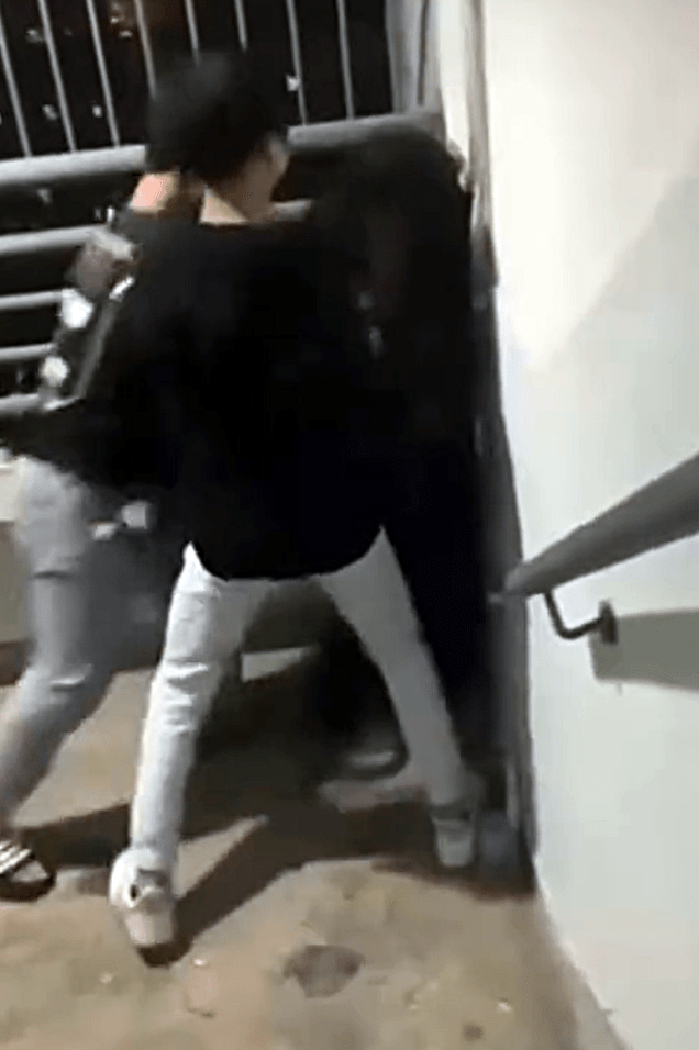 屯門兩名男童後樓梯狂毆一名長髮少女。(網上影片截圖)