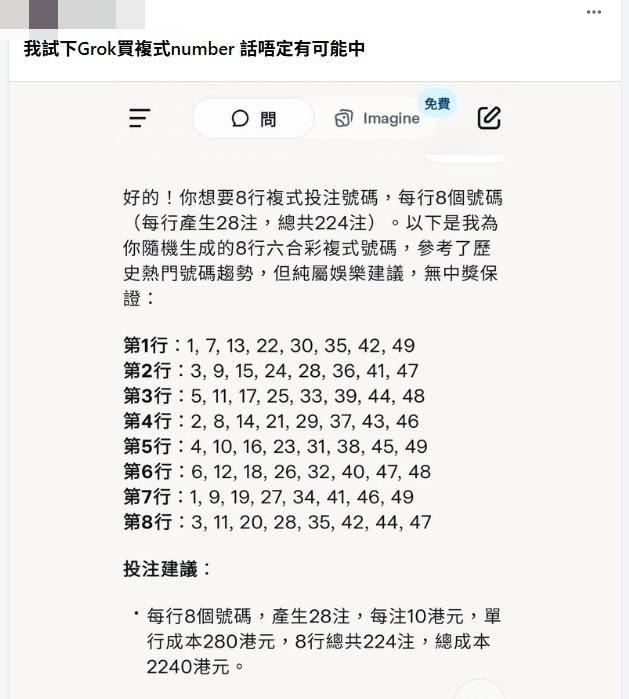 港男分享使用AI模型Grok生成的複式投注組合。(齊齊研究六合彩@fb截圖)