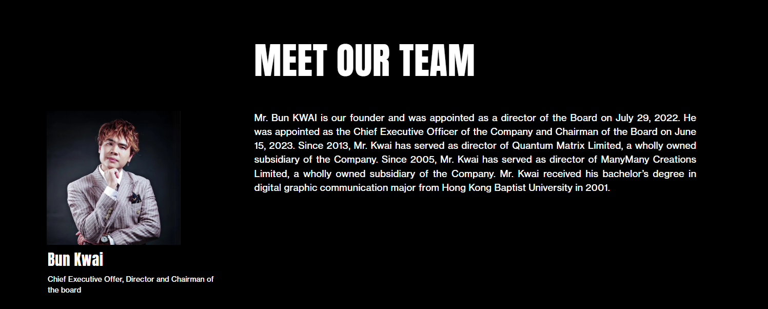 QMMM行政總裁及創辦人為現年47歲的桂濱(Bun Kwai),於2001年取得香港浸會大學數碼圖形傳播學士學位。(QMMM網頁截圖)