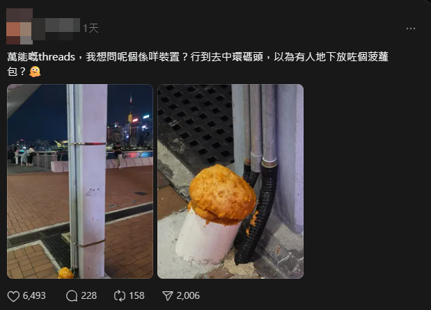 有網民在社交媒體上分享,發現柱子旁的管道上竟然「長出」菠蘿包。(Threads)