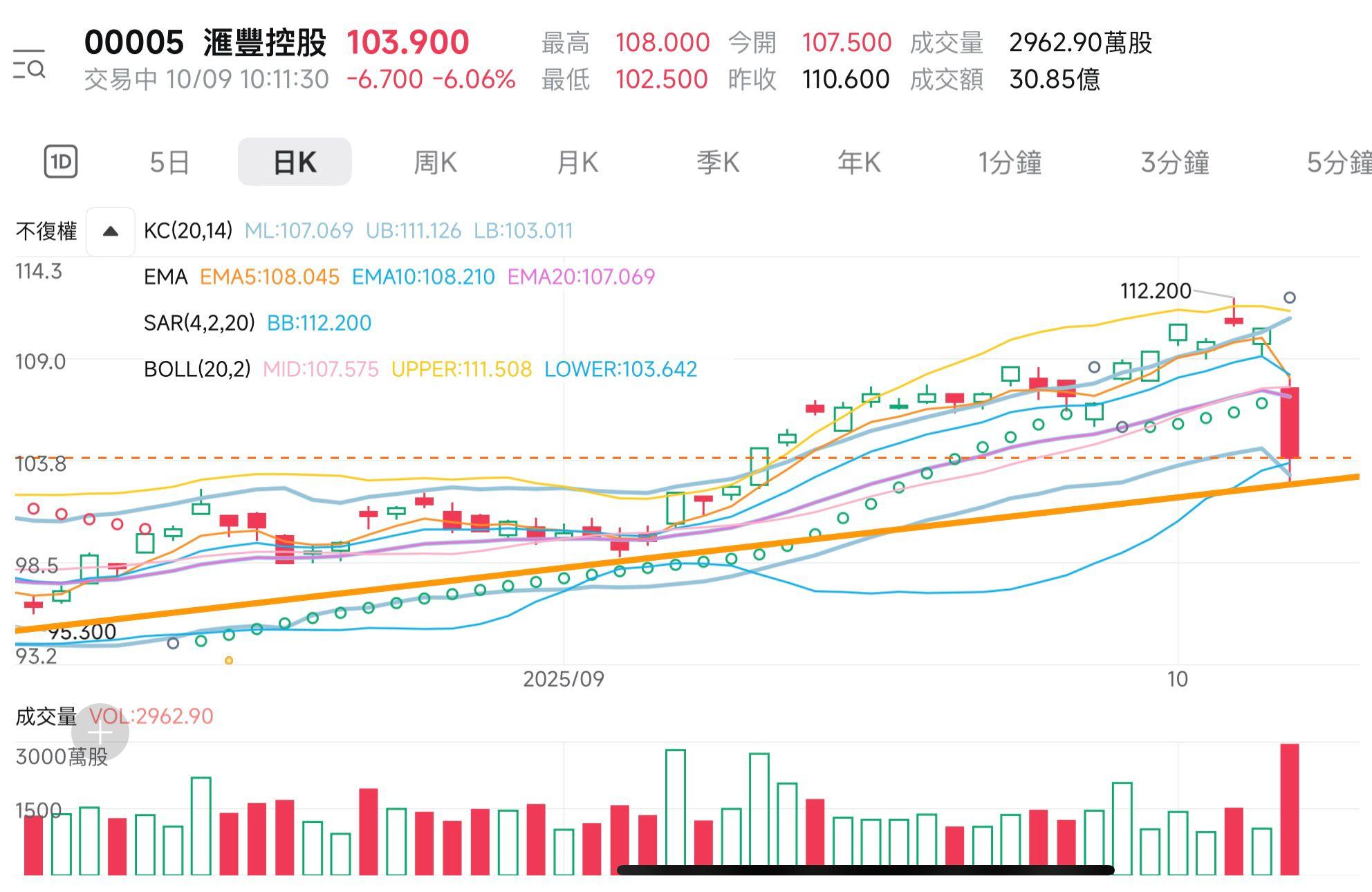 恒生私有化|滙豐初段跌逾6%,報103.6元。