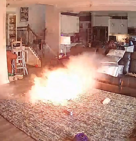 主人不在家狗咬鋰電池突冒煙,瞬間爆炸起火。(互聯網)