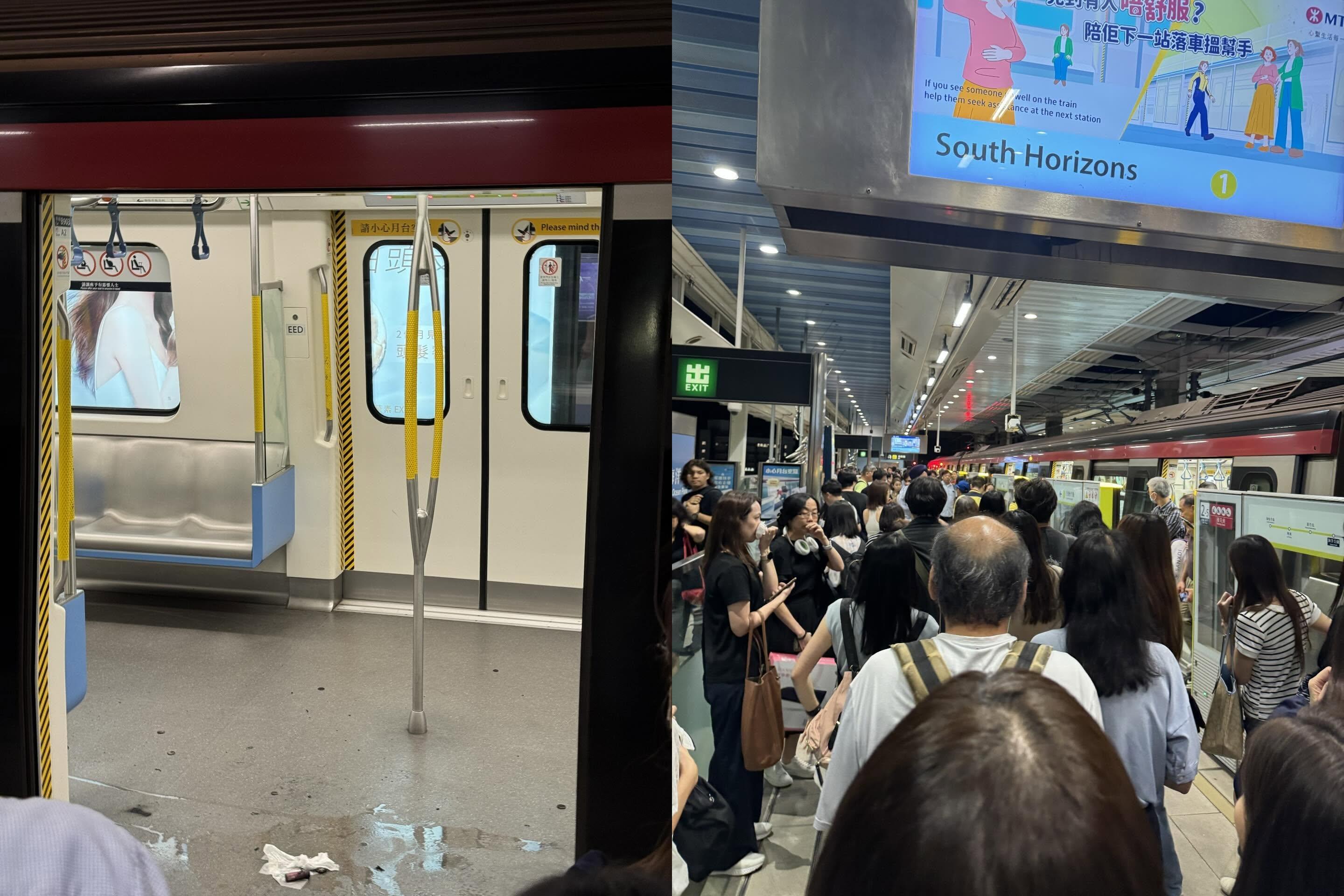 港鐵南港島綫發生鋰電池起火事故。(Threads「jmeann」圖片)