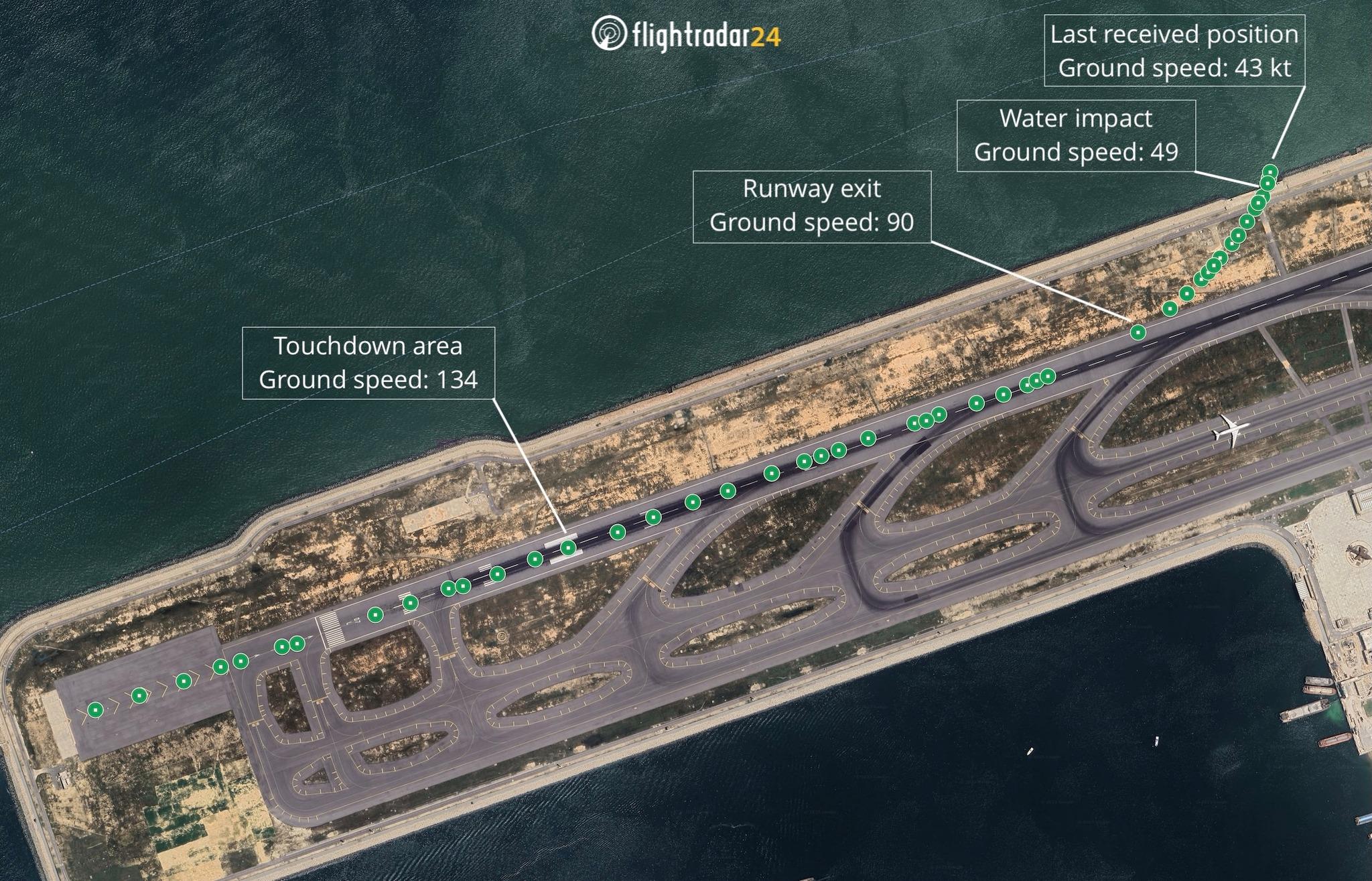 貨機降落衝出跑道,飛行資訊追蹤網站記錄到失事過程。(Flightradar24.com圖片)