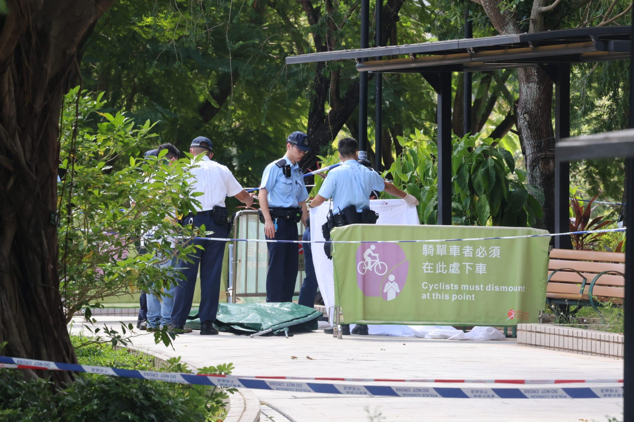 天水圍公園發現浴血女屍,頸部有傷,警檢利刀及𠝹刀。