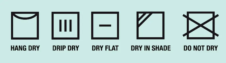 晾乾標誌內的直間,一條表示衣物要懸掛晾乾,兩條表示要懸掛滴乾。晾乾標誌內有橫間代表要平攤晾乾,左上角的斜線表示要在陰涼的地方晾乾或滴乾衣物。