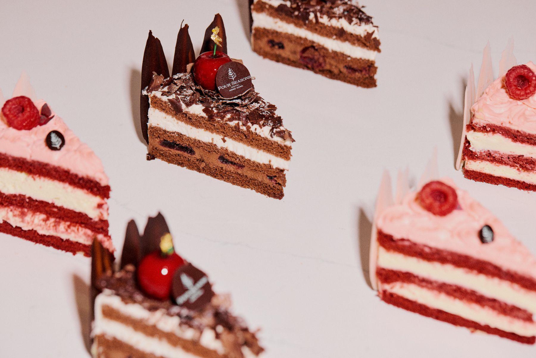 紅絲絨蛋糕($480/原個;$78/切件)、黑森林蛋糕($460/原個;$78/切件)