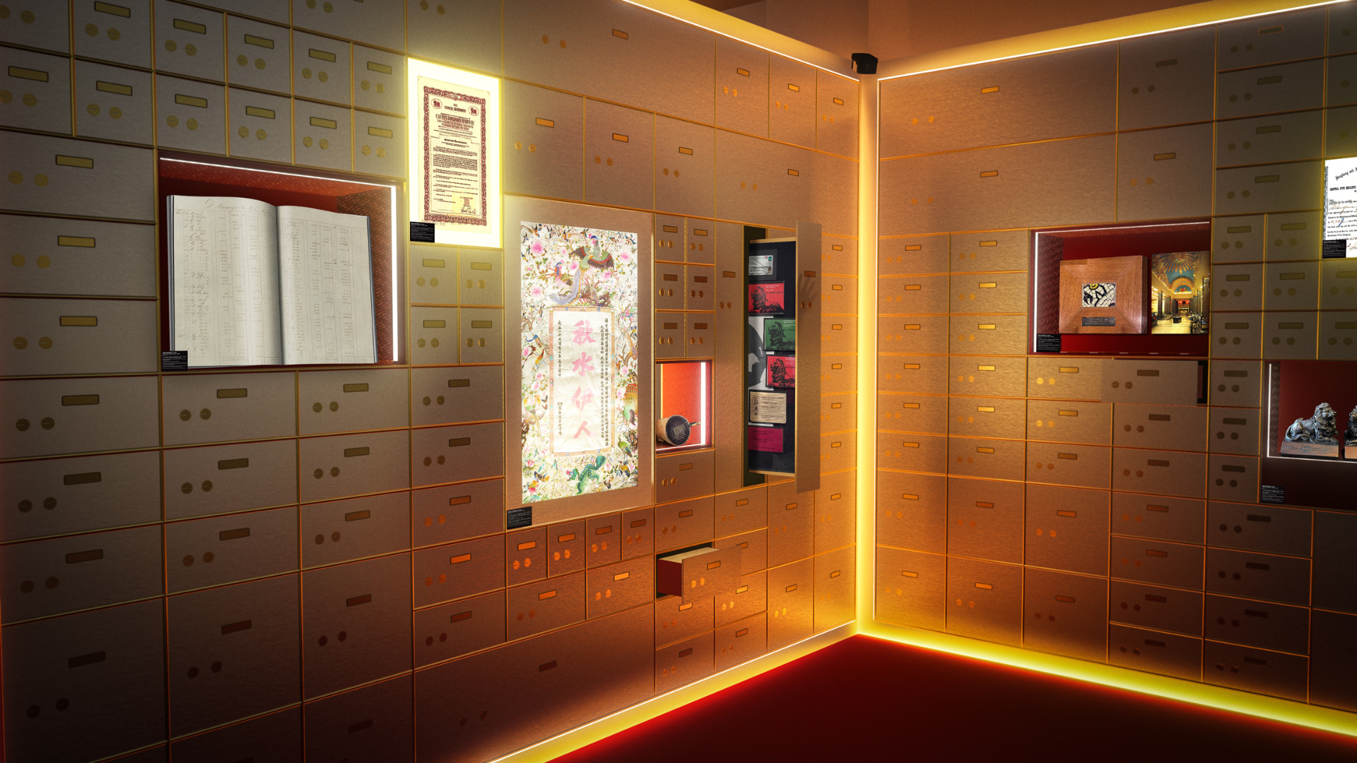 「開啟記憶金庫」展區模擬重達50噸的金庫大門之內,多件珍稀文物靜候揭開,當中包括多件珍稀文物。