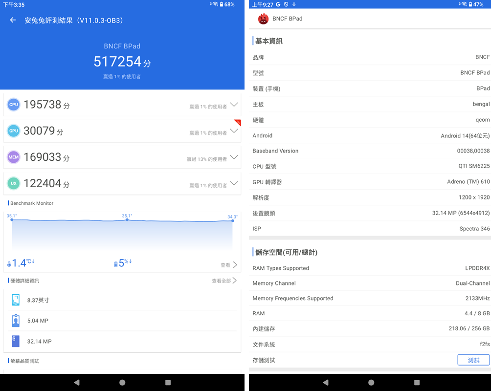 BNCF BPad Mini 迷你平板電腦在 AnTuTu 測試中獲得 517,254 分的成績