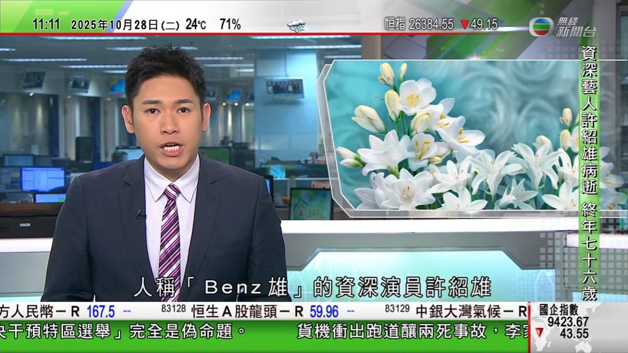 無綫在播完國際新聞後,報導許紹雄離世,指他因腎癌引發身體機能衰竭逝世。