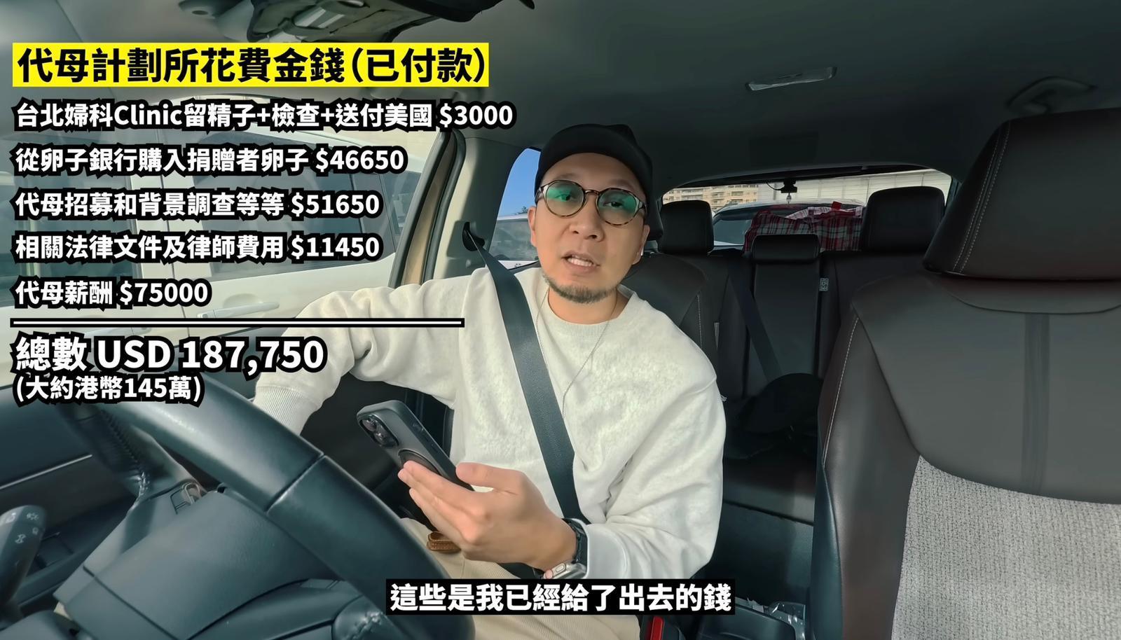百萬YouTuber大J(Jason)在美國尋找代母生育計劃,在片中分享費用支出。(YouTube影片截圖)
