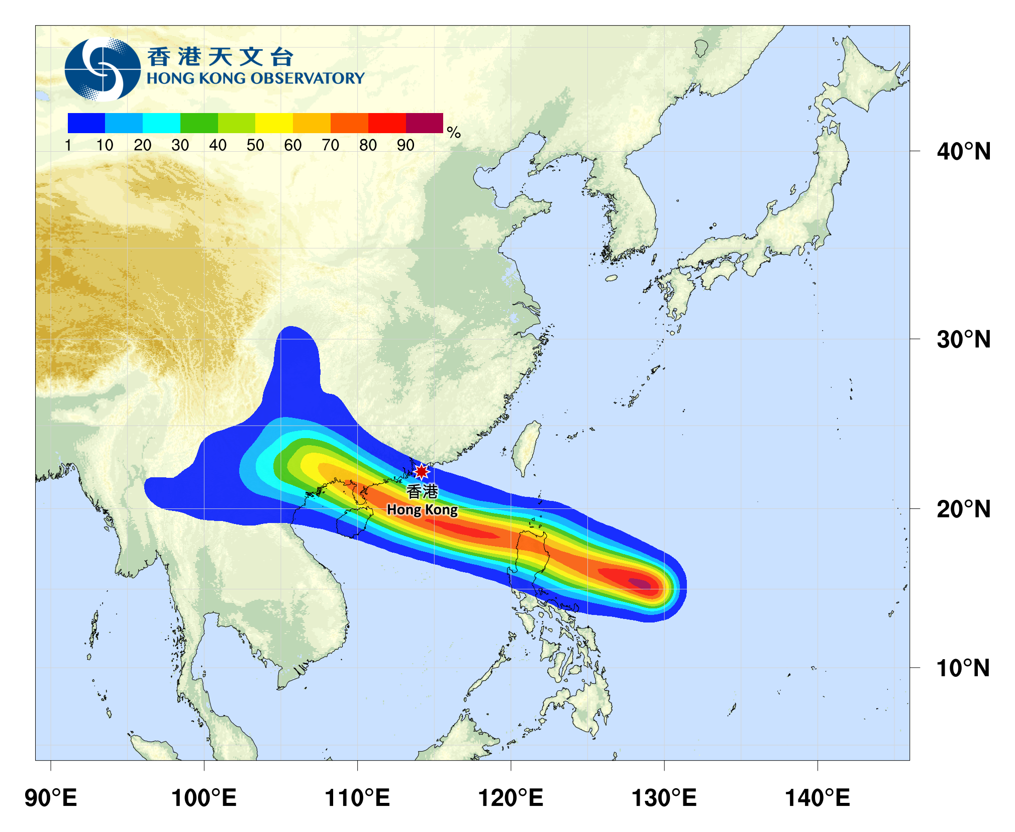 熱帶氣旋麥德姆路徑概率預報。(香港天文台10月2日資料)