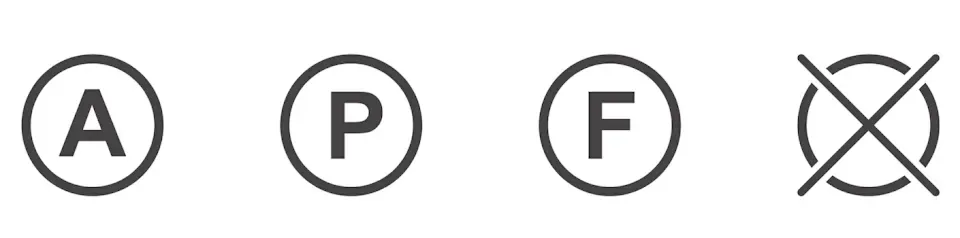 「A」代表可用任何溶劑乾洗,「P」表示可使用過氯化物、打火機油、純酒精或R113等進行乾洗,「F」則為飛機燃料、純酒精或R113乾洗