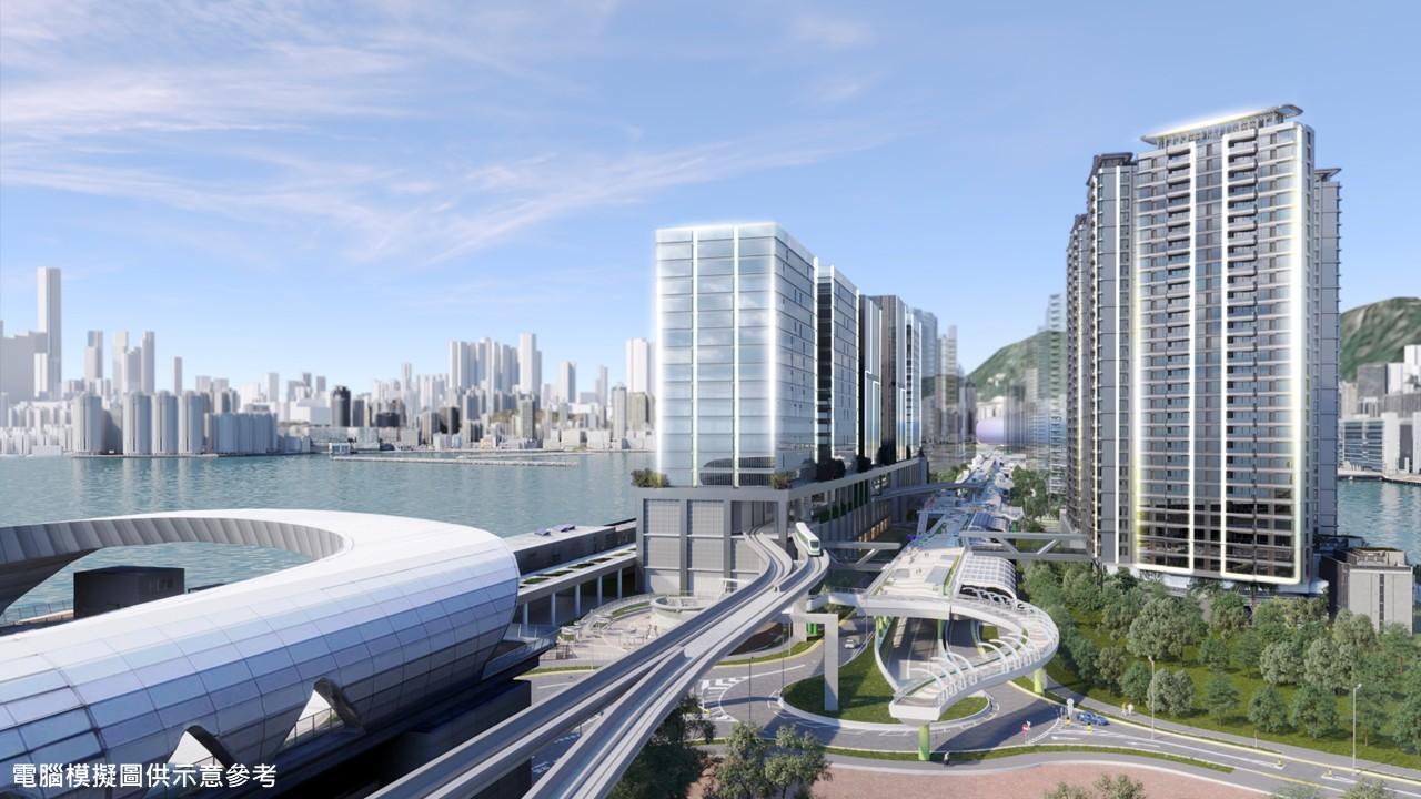 政府今日起為啟德智慧綠色集體運輸系統合約展開公開招標,圖示該系統的電腦模擬圖。(政府新聞網)