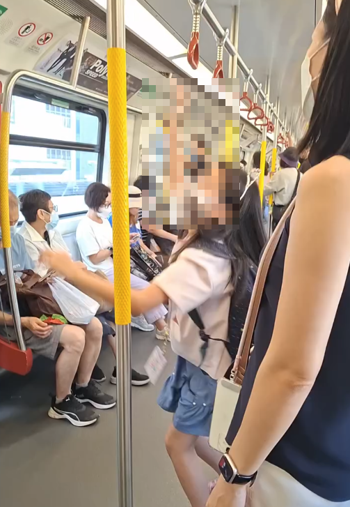 女童港鐵車廂跳起玩吊環,網民不滿家長無阻止反教女童「上槓上環」(Threads影片截圖)