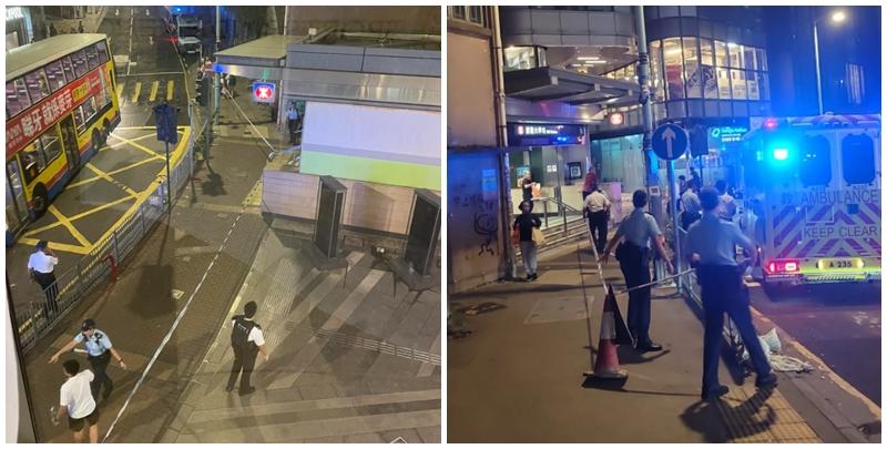 警方接獲一名男子報案指於西區屈地街近香港大學站B1出囗外,被一名男子用刀刺傷腰部,施襲者逃去。現場照片可見地面遺下一灘血漬,警方封鎖現場調查事件,有警員帶同警犬戒備。(西環變幻時FB)