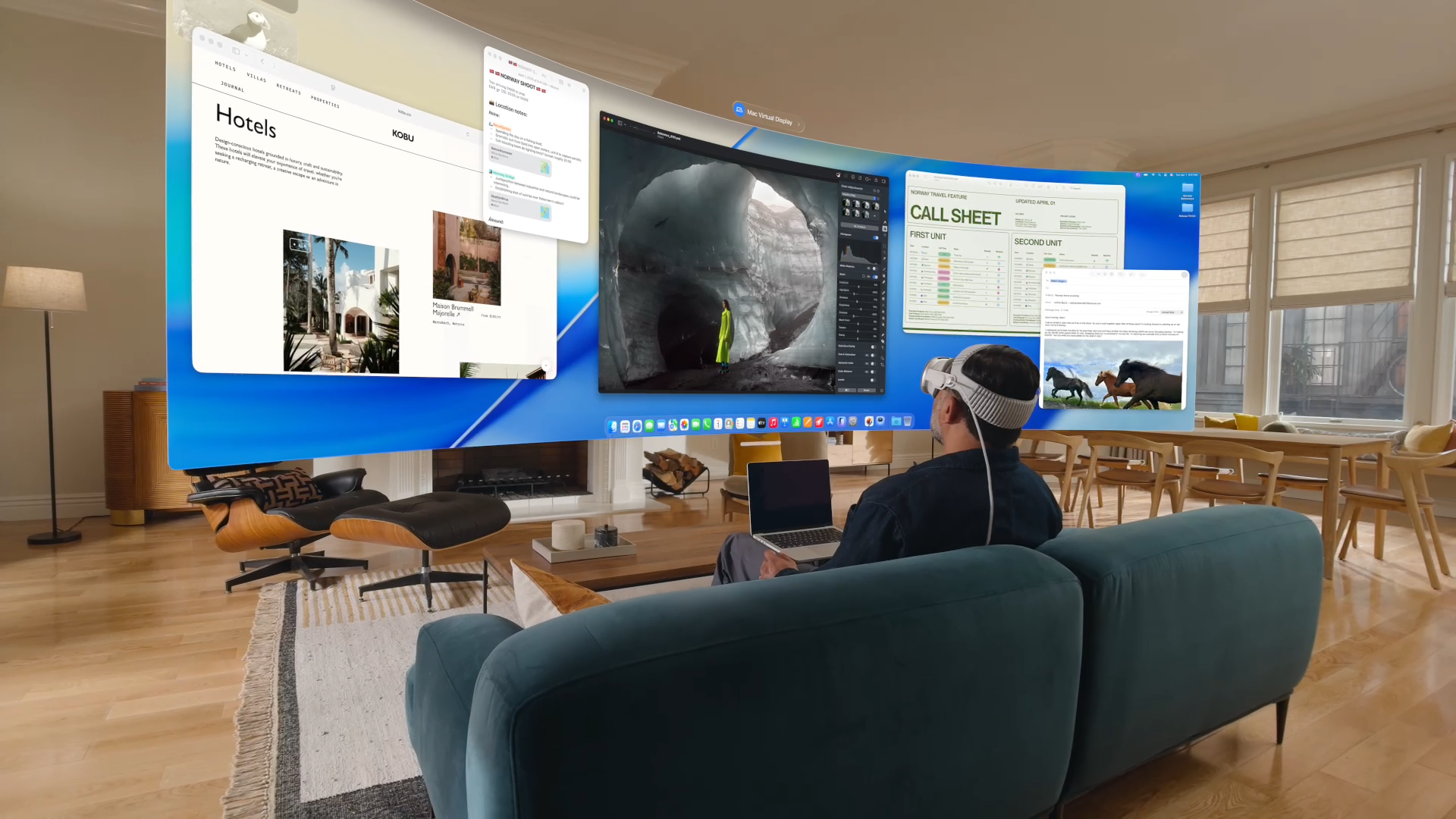 Apple Vision Pro可流暢進行多視窗功能。