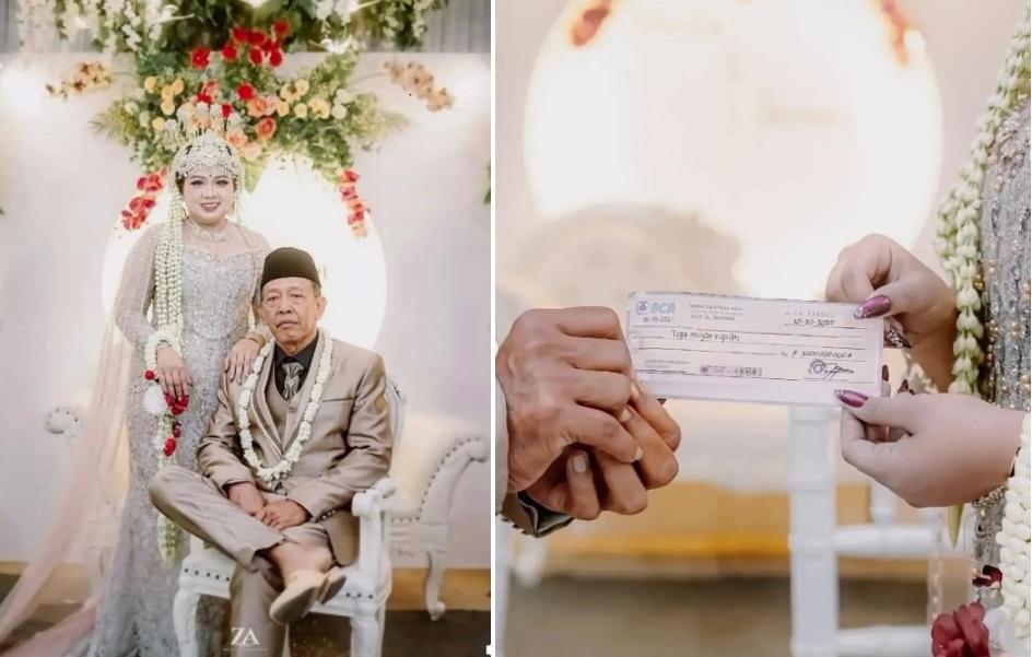 塔爾曼高調迎娶年輕50歲的艾莉卡,在豪華婚禮上交付30億印尼盾禮金支票。(互聯網)