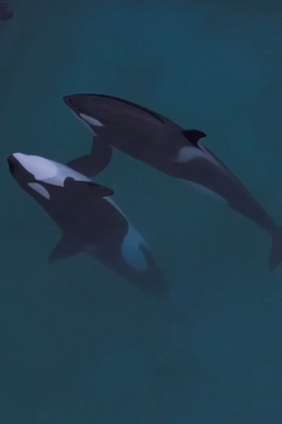 法國「安提布海洋世界」淪「廢棄樂園」,殺人鯨母子仍留在腐臭水池。美國攝影師勞萊斯(Seph Lawless)以無人機拍攝最新現狀,靜止漂浮的殺人鯨母子一聽到無人機聲響便望向鏡頭隨即「表演」,在水中轉動跳躍。 IG@sephlawless