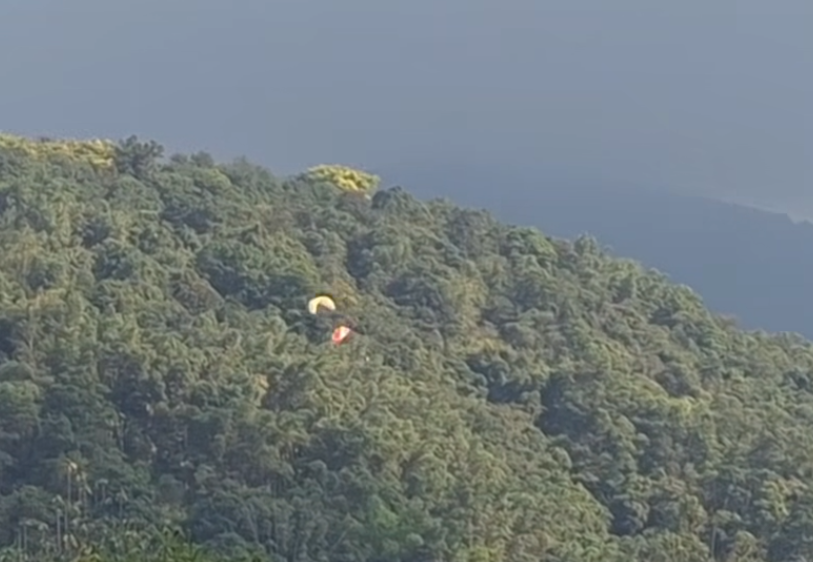 一名香港遊客在台灣南投玩滑翔傘時,在半空撞到一名台灣遊客的滑翔傘,兩人墜落樹林中沒有受傷。(影片截圖)
